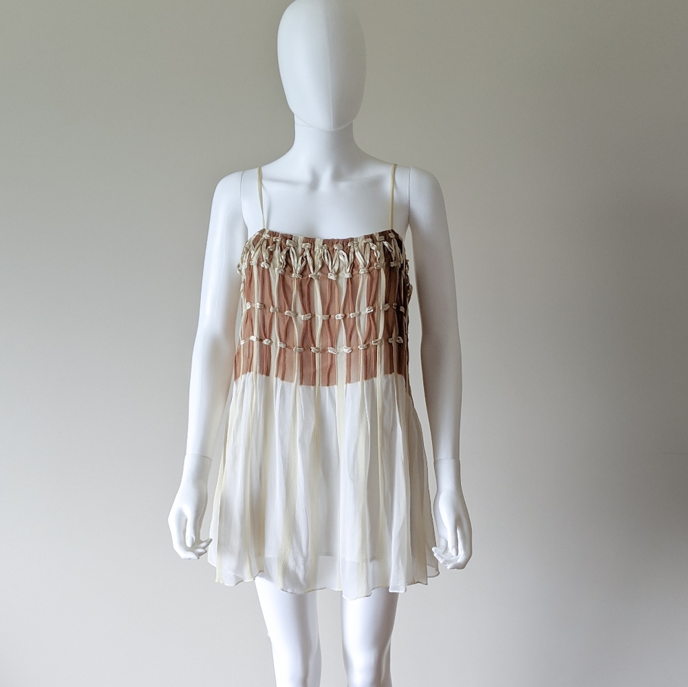 Badgley Mischka Tan and Cream Mini Dress - 100% silk